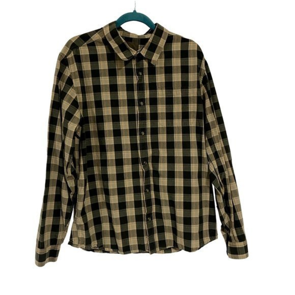 Prana Green Cream Plaid Long Sleeve Shirt with Pearl‎ Snap Closure Men's Size L